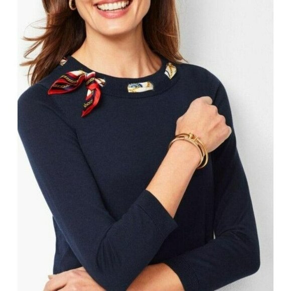 Talbot‎ Navy Knit Sweater top With Red/Blue Scarf neck tie Size Large - Picture 1 of 9